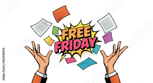 Free friday celebration with colorful comic style papers flying