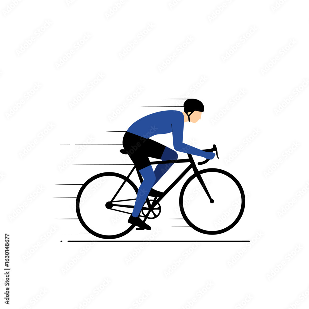 Fototapeta premium A cyclist wearing a blue jersey and helmet rides a road bike at speed, depicted with motion lines.