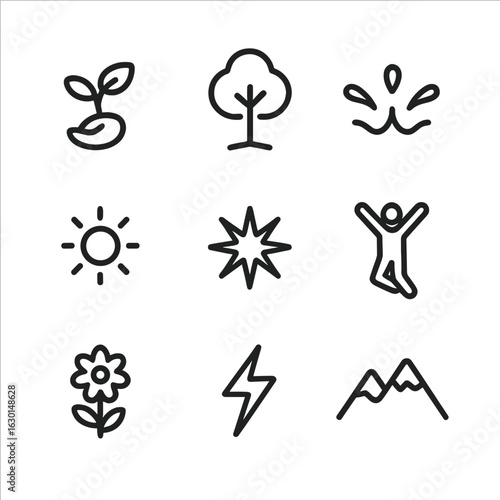 Vitality Icon Set. Outline icon set of vitality and growth: seed sprouting, tree silhouette, water splash, sun shining, energy