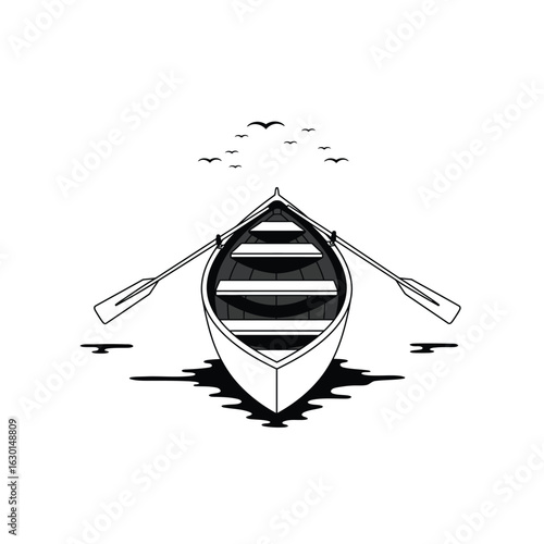 A minimalist vector illustration of a rowboat on calm water with birds flying above, isolated on white background