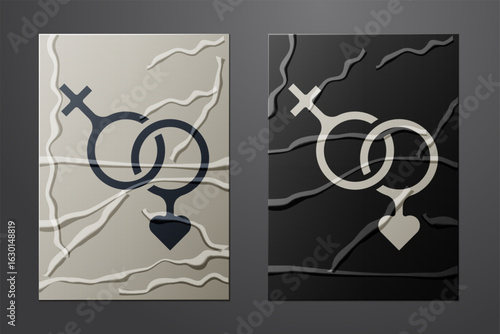 White Gender icon isolated on crumpled paper background. Symbols of men and women. Sex symbol. Happy Valentines day. Paper art style. Vector