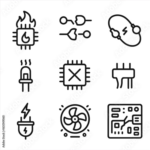 Hardware Glitch Icons. Outline icon set of hardware glitches: overheating chip, broken circuit, disconnected wire, flickering LED,