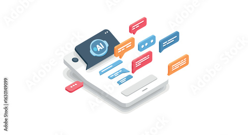 Isometric smartphone with ai chat bubbles and voice recognition in digital communication