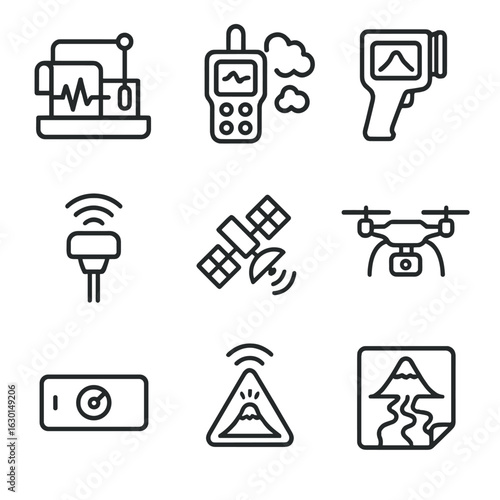 Volcanic Monitoring Tools Icons. Outline icon set of volcanic monitoring tools: seismograph, gas analyzer, thermal camera, GPS