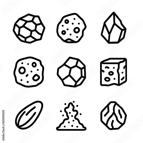 Volcanic Rock Icons. Outline icon set of volcanic rock types: basalt, pumice, obsidian, scoria, andesite, tuff, rhyolite, lava