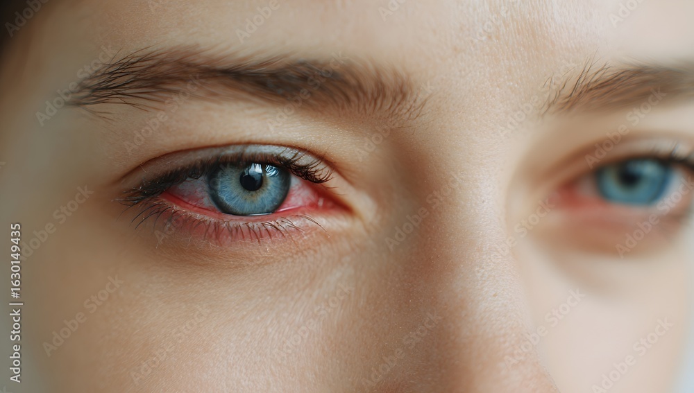 Obraz premium Close-up of irritated, red eyes with visible blood vessels. Concept of eye pain, fatigue, allergy, infection, or dry eyes.