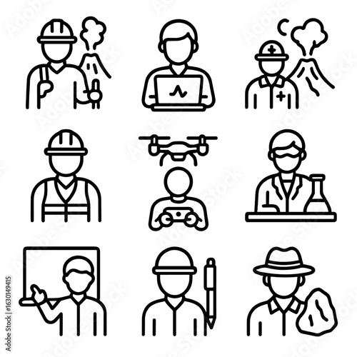 Volcanologist Roles Icons. Outline icon set of volcanologist roles: field researcher, data analyst, emergency responder, safety
