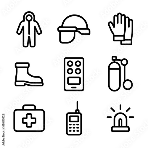 Volcanologist Safety Icons. Outline icon set of safety equipment for volcanologists: protective suit, helmet, gloves, boots, gas