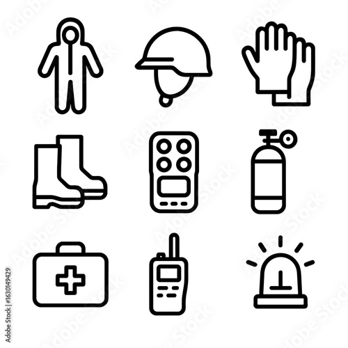 Volcanologist Safety Icons. Outline icon set of safety equipment for volcanologists: protective suit, helmet, gloves, boots, gas