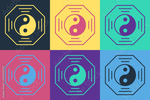 Pop art Yin Yang symbol of harmony and balance icon isolated on color background. Vector