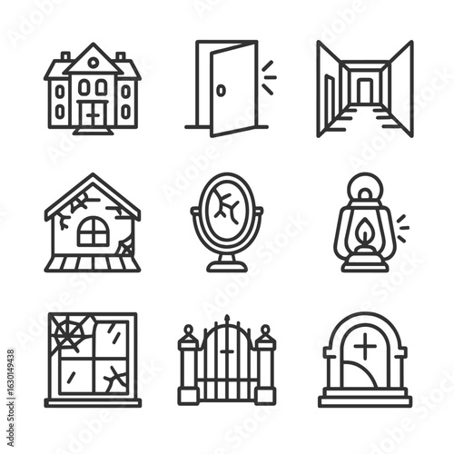 Haunted Location Icons. Outline icon set of haunted locations: abandoned mansion, creaking door, empty corridor, dusty attic,
