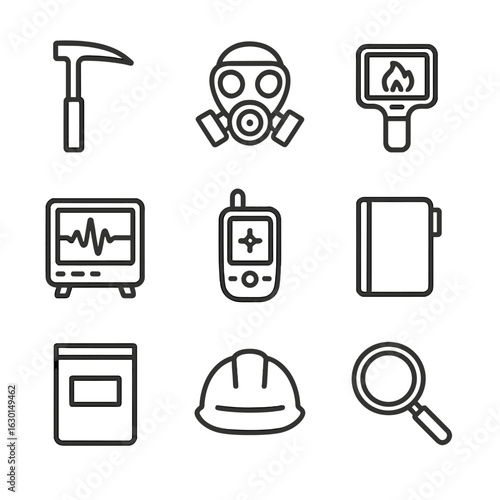 Volcanologist Tool Icons. Outline icon set of volcanologist tools: rock hammer, gas mask, thermal camera, seismograph, GPS device,