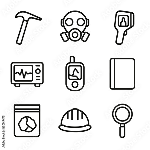 Volcanologist Tool Icons. Outline icon set of volcanologist tools: rock hammer, gas mask, thermal camera, seismograph, GPS device,