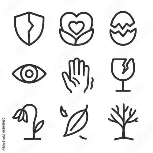 Vulnerability Icon Set. Outline icon set of vulnerability: broken shield, exposed heart, cracked shell, trembling hand, open eye,