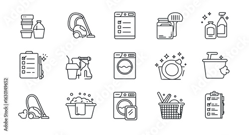 Household cleaning and laundry icons in linear style for modern applications