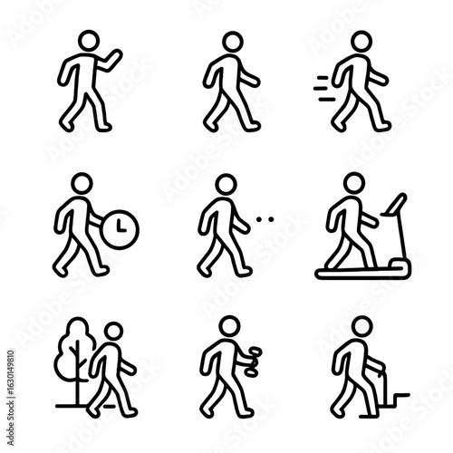 Walking Exercises Icons. Outline icon set of walking exercises: warm-up walk, cool-down walk, interval walk, endurance walk,