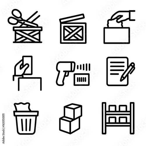 Warehouse Icon Set. Outline icon set of warehouse unpacking: cut straps, open crate, remove padding, pull item, scan barcode, log