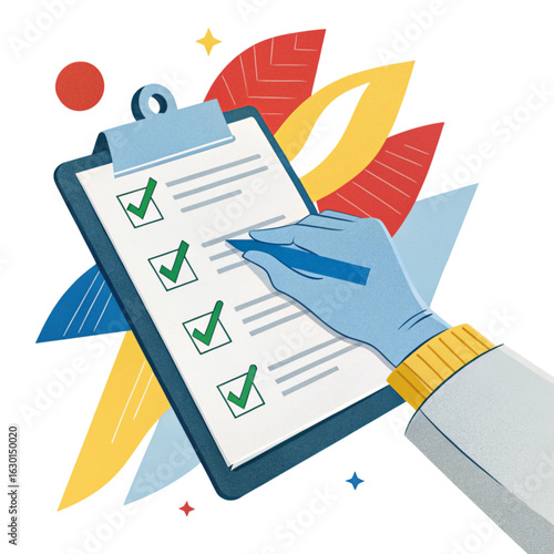 Hand checking off items on a clipboard isolated on transparent background