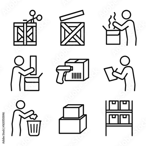 Warehouse Icon Set. Outline icon set of warehouse unpacking: cut straps, open crate, remove padding, pull item, scan barcode, log