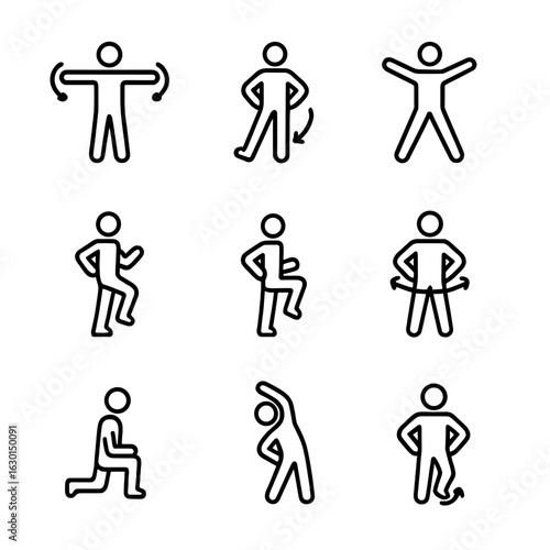 Warm-up Exercise Icons. Outline icon set of warm-up exercises: arm circles, leg swings, jumping jacks, high knees, butt kicks,