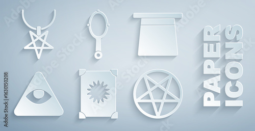 Set Ancient magic book, Magic hat, Masons, Pentagram in circle, hand mirror and necklace icon. Vector