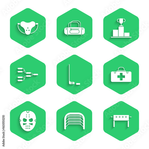 Set Ice hockey stick and puck, goal, Hockey table, First aid kit, mask, Championship tournament bracket, over sports winner podium and Protective jockstrap icon. Vector