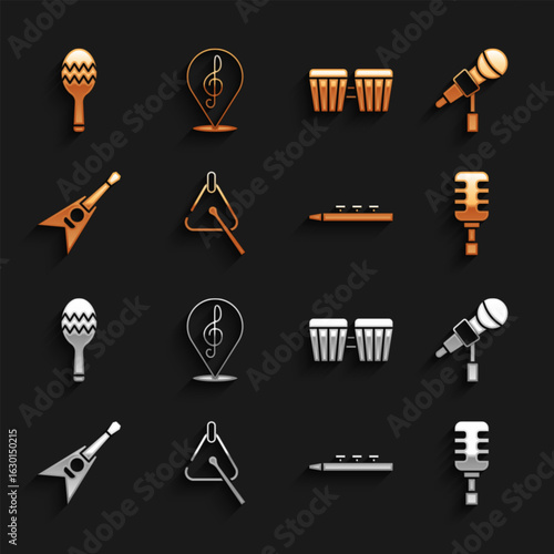 Set Triangle, Microphone, Drum and drum sticks, Electric bass guitar, Maracas and Treble clef icon. Vector
