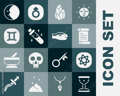 Set Medieval goblet, Tarot cards, Decree, parchment, scroll, Magic stone, Bottle with potion, Gemini zodiac, Moon and Snake icon. Vector