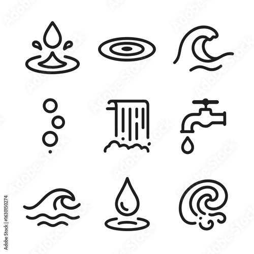 Water Icon Set. Outline icon set of slow motion water effects: splash droplet, ripple circle, wave crest, underwater bubble,