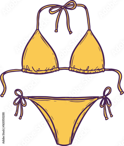 Vibrant yellow and purple abstract brushstroke bikini design with a playful artistic feel perfect for summer fashion and beachwear
