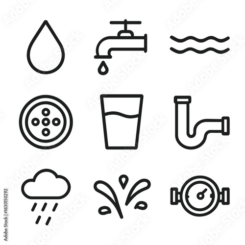 Water Icon Set. Outline icon set of consuming water: water drop, faucet, water wave, sink drain, glass of water, water pipe, rain,