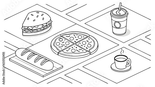 Isometric Line Art Illustration of Pizza Sandwich Coffee and Bread.