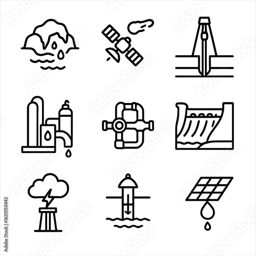 Water Systems Icons. Outline icon set of water deployment systems: polar ice cap melt station, comet redirector, subsurface ice