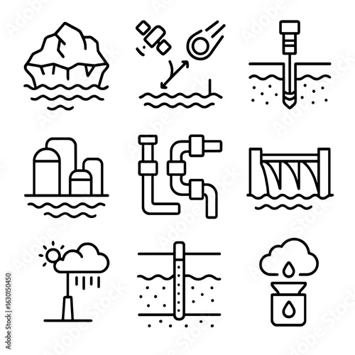 Water Systems Icons. Outline icon set of water deployment systems: polar ice cap melt station, comet redirector, subsurface ice