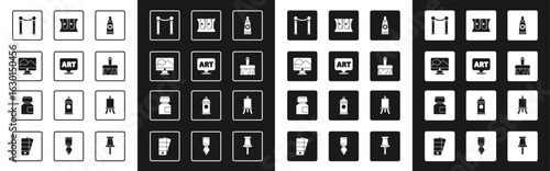 Set Tube with paint palette, Speech bubble text art, Computer monitor screen, Exhibition of paintings, Paint brush, Pencil sharpener, Easel boards and Paint, gouache, jar, dye icon. Vector