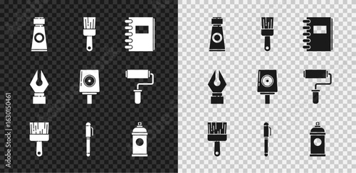 Set Tube with paint palette, Paint brush, Spiral notebook, Pen, spray can, Fountain pen nib and Spray nozzle cap icon. Vector