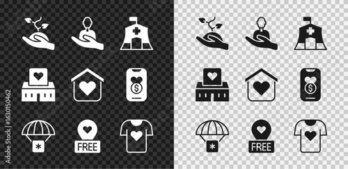 Set Volunteer team planting trees, Caring for people, Emergency medical tent, Humanitarian aid, Location with heart, Clothes donation, center and Shelter homeless icon. Vector