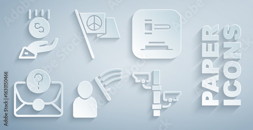 Set Police beat human, Judge gavel, Envelope with question mark, Security camera, Peace and Coins hand - minimal wage icon. Vector