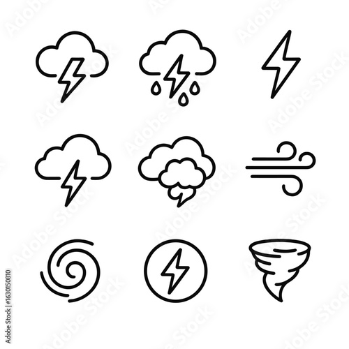 Weather Icon Set. Outline icon set of lightning in weather: thunder, rainstorm, cloud with lightning, electric charge, storm