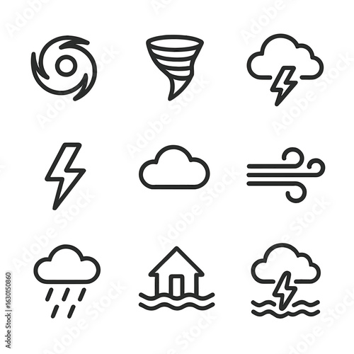 Weather Icon Set. Outline icon set of wind in storms: hurricane, tornado funnel, thunderstorm, lightning bolt, storm cloud, heavy