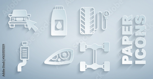 Set Car headlight, Tire pressure gauge, muffler, Chassis car, Canister for motor machine oil and Online sharing icon. Vector