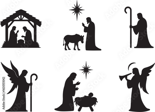 Sacred Nativity scenes with angels, star, and animals.