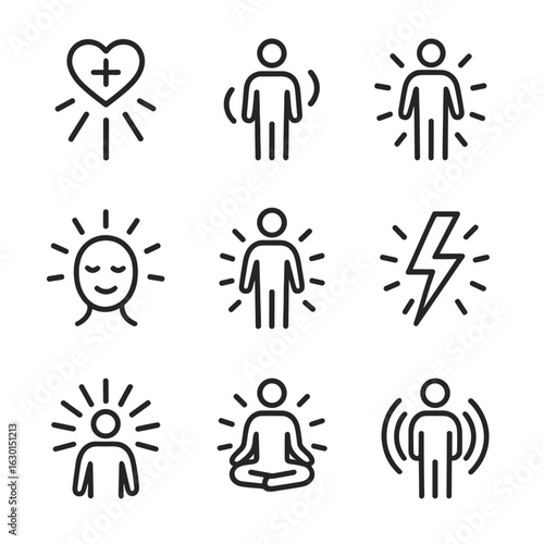Health Energy Icons. Outline icon set of radiate health and wellness: healing light, energy flow, vital force rays, relaxation