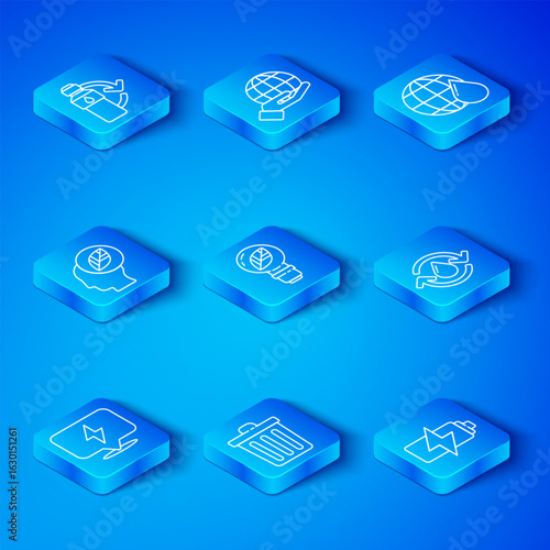 Set line Lightning bolt, bulb with leaf, Trash can, Recycle clean aqua, Earth planet water drop, Human head inside, Recycling plastic bottle and Battery icon. Vector