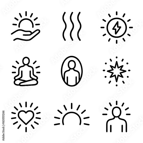 Health Energy Icons. Outline icon set of radiate health and wellness: healing light, energy flow, vital force rays, relaxation