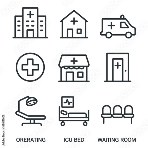 Healthcare Icons Set. Outline icon set of healthcare facilities: hospital building, clinic, ambulance, emergency sign, pharmacy,