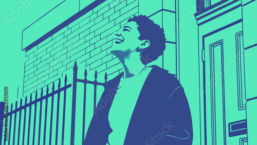 Joyful Person Looking Up with Building and Fence in View.