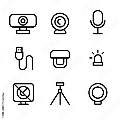 Webcam Essentials Icons. Outline icon set of webcam basics: webcam device, lens, microphone, USB cable, mounting clip, LED