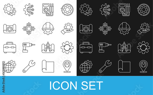 Set line Location with wrench spanner, Gear and arrows as workflow, Settings in the hand, Multimeter, Processor microcircuits CPU, Graphing paper gear, and Worker safety helmet icon. Vector