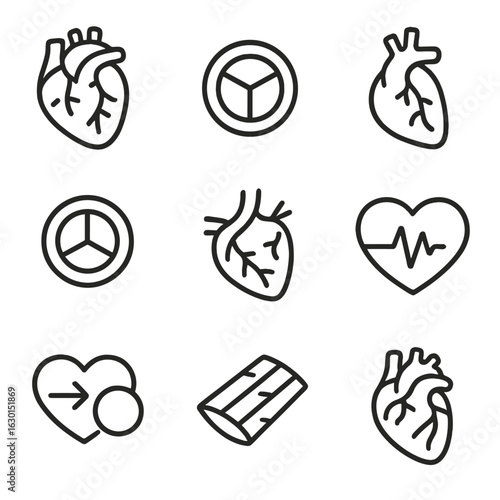 Heart Anatomy Icons. Outline icon set of artery and heart connection: heart chambers, aortic valve, left ventricle, right